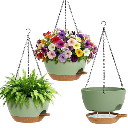 UOUZ Set of 3-10 Inch Self Watering Hanging Planters for Indoor Outdoor，Hanging Plant Pots with Drainage & Removable Tray, Hanging Pots Holder for Ivy, Pothos, Ferns, Balcony & Patio, Black with Brown