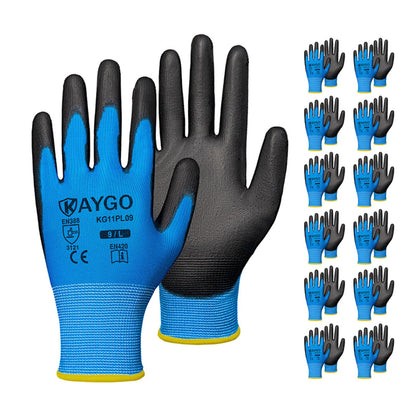 KAYGO Safety Work Gloves for Men Women, PU Coated Palm & Fingers, KG11P