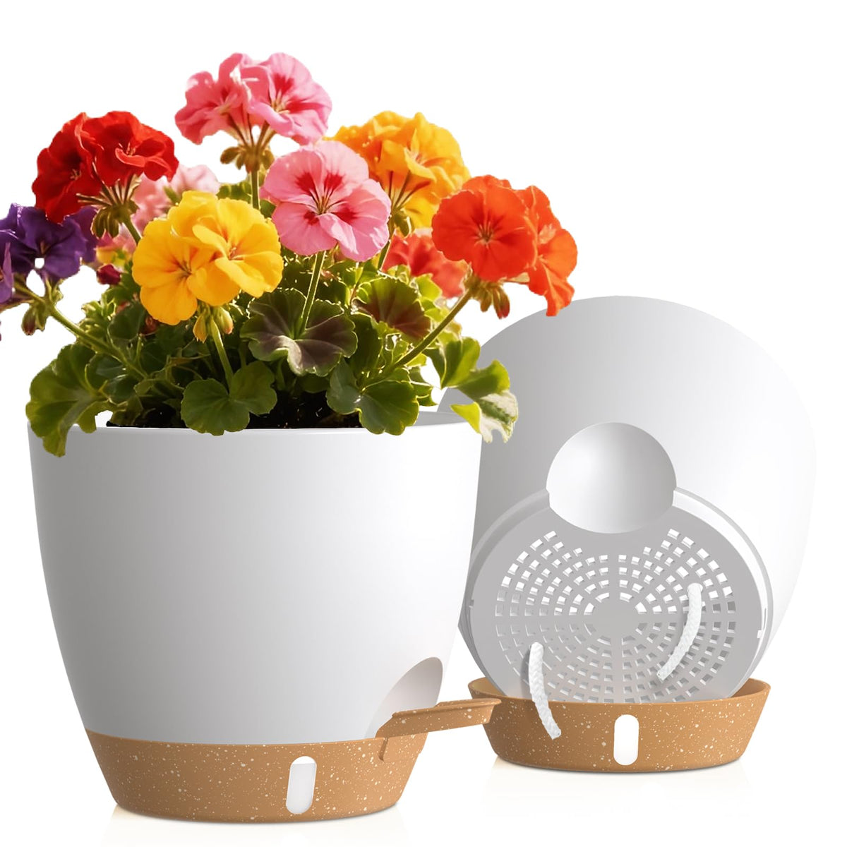 Self Watering Pots with Drainage Holes, 3 Pack 12/10/8 Inch Plant Pots with Water Level Indicator Deep Reservoir, Large Plastic Planter for Indoor Outdoor Plants - Black Brown