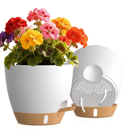 Self Watering Pots with Drainage Holes, 3 Pack 12/10/8 Inch Plant Pots with Water Level Indicator Deep Reservoir, Large Plastic Planter for Indoor Outdoor Plants - Black Brown