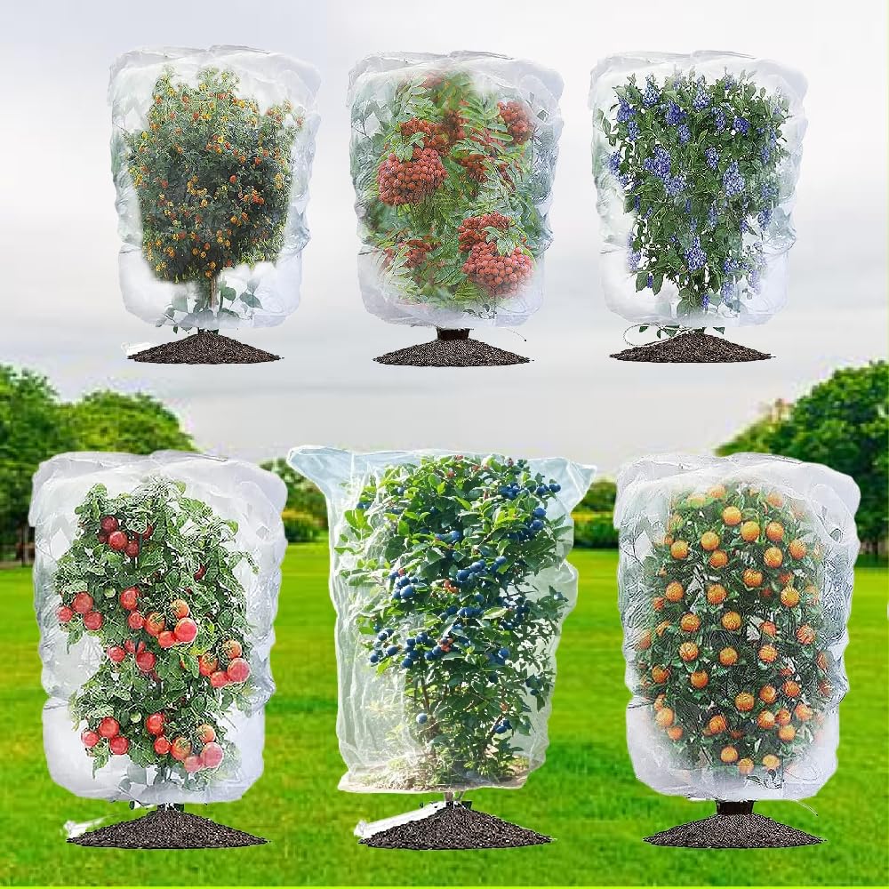 Plant Netting with Drawstring, 4P 2.6x3.3 FT - Easy Install Fruit Tree Protection Cover, Reusable Garden Mesh Bag for Blueberry Bushes/Tomato - Block Birds/Insect/Squirrels