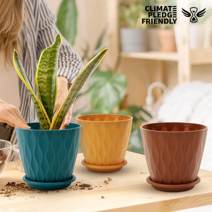 YNNICO 6 inch Plant Pots 5 Pack Plastic Planters with Drainage & Saucers