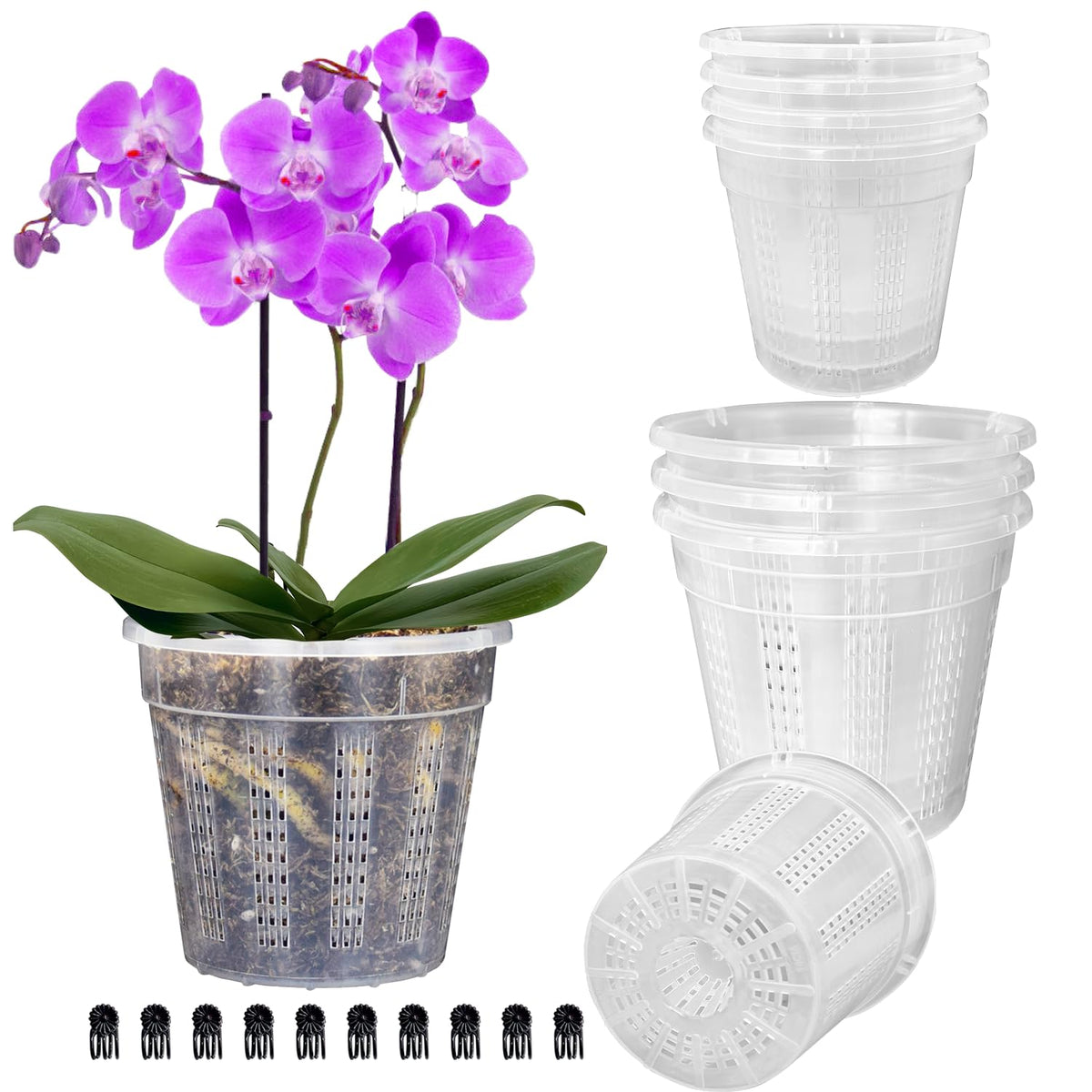 Orchid Pot, 2 Each of 4.3",5.5",6.1" Orchid Pots with Holes, Orchid Pots for Repotting, Plastic Orchid Planter for Indoor Outdoor Plants (2 Each of 4.3",5.5",6.1")