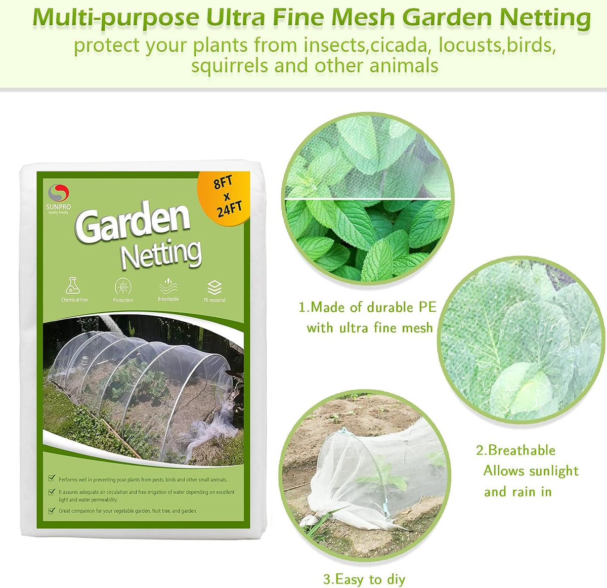 8x24ft Garden Netting Pest Barrier, 0.8mm Ultra Fine Mesh Plant Cover for Vegetables Fruits Flowers, Durable Mesh Screen for Raised Garden Beds, Row Cover, Shield for Cicadas, Birds, & Wildlife