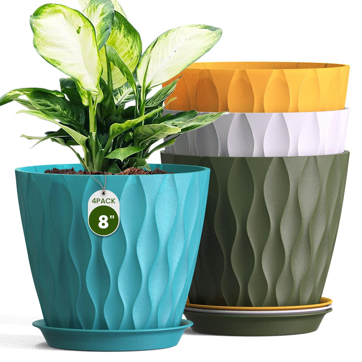 8 Inch Plant Pots 4 Pack Plastic Planters with Drainage & Saucers