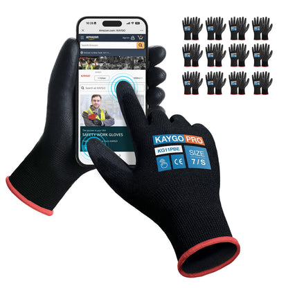 KAYGO Safety Work Gloves for Men Women, PU Coated Palm & Fingers, KG11P