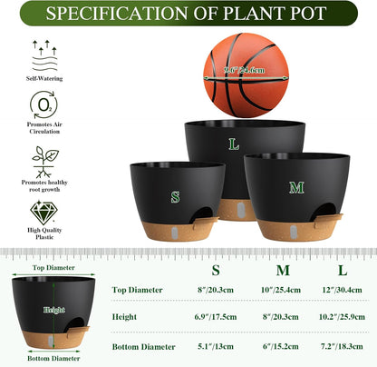 Self Watering Pots with Drainage Holes, 3 Pack 12/10/8 Inch Plant Pots with Water Level Indicator Deep Reservoir, Large Plastic Planter for Indoor Outdoor Plants - Black Brown