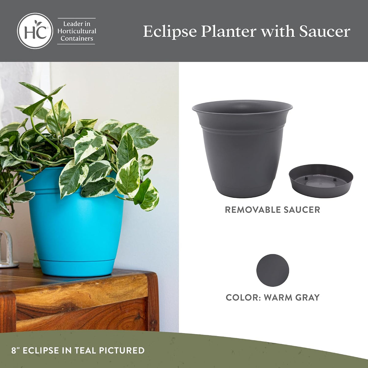 The HC Companies Eclipse Round Planter with Saucer - Outdoor & Indoor Plant Pot with Drainage Holes - Lightweight, UV-Resistant Plastic Pots for Plants, Flowers & Herbs (16" Warm Gray, Pack of 1)