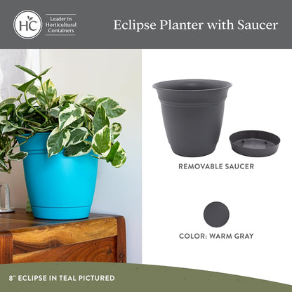 The HC Companies Eclipse Round Planter with Saucer - Outdoor & Indoor Plant Pot with Drainage Holes - Lightweight, UV-Resistant Plastic Pots for Plants, Flowers & Herbs (16" Warm Gray, Pack of 1)