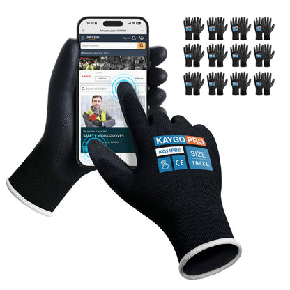 KAYGO Safety Work Gloves for Men Women, PU Coated Palm & Fingers, KG11P