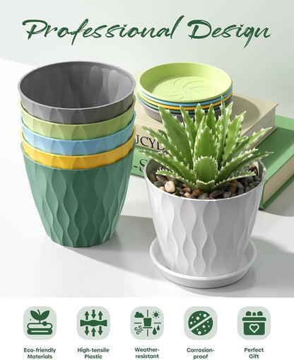 6 Pack Plant Pots with Drainage Holes, 4 Inch Plastic Indoor Flower Pots, Succulent Pots for Orchids, Violets, Succulents, Herbs and Other Small Plant, Multicolor