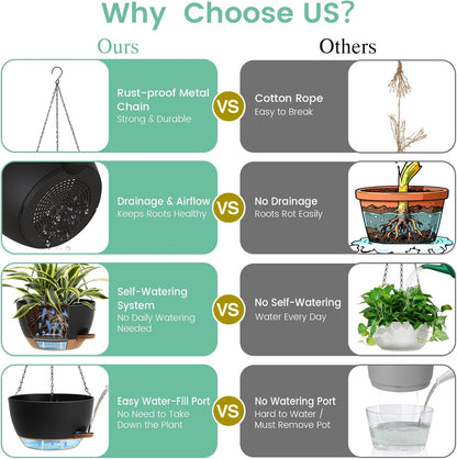 UOUZ Set of 3-10 Inch Self Watering Hanging Planters for Indoor Outdoor，Hanging Plant Pots with Drainage & Removable Tray, Hanging Pots Holder for Ivy, Pothos, Ferns, Balcony & Patio, Black with Brown