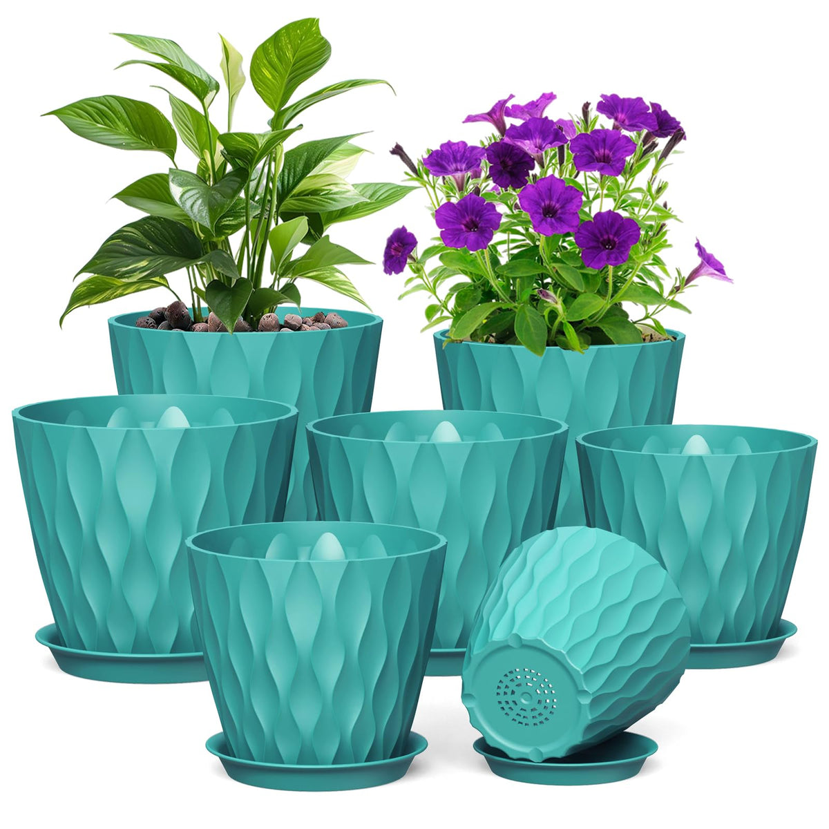Meowell 7/6.5/6/5.5/5/4.5/4 inch Plant Pots for Indoor Outdoor Plants, 7 Pack Thick Flower Pots with Drainage Holes and Saucers, Modern Wave Texture Small Plastic Planters Nursery Pots, Multicolor