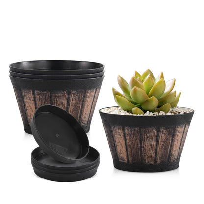 Quarut 3 Pack 10 inch Plant Pots,Whiskey Barrel Planters with Drainage Holes & Saucer, Plastic Decoration Flower Pots Imitation Wine Barrel Design, for Indoor & Outdoor Garden Home Plants (Brown)