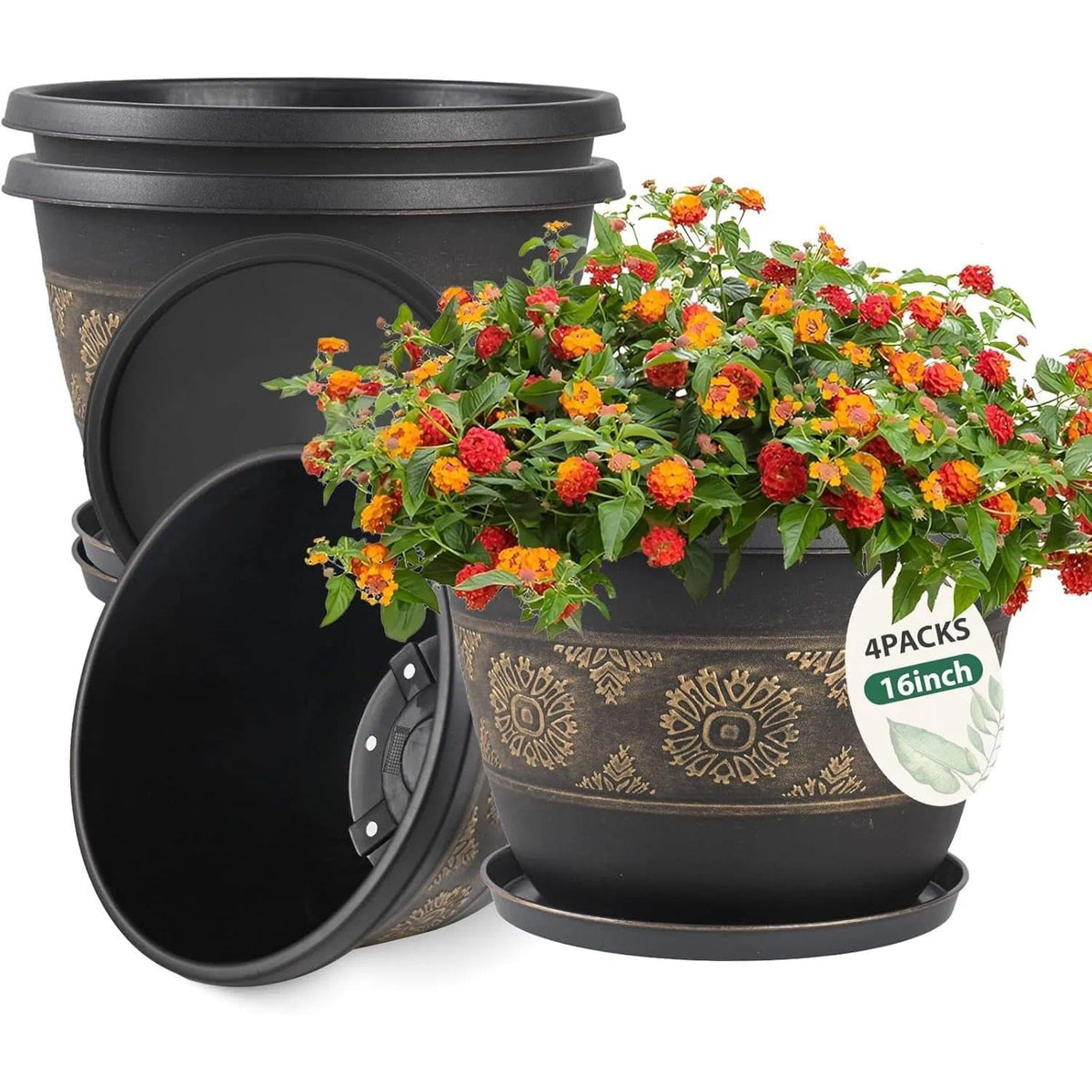Usocik 10 Inch Plant Pots, 4 Pack, Copper Retro Floral