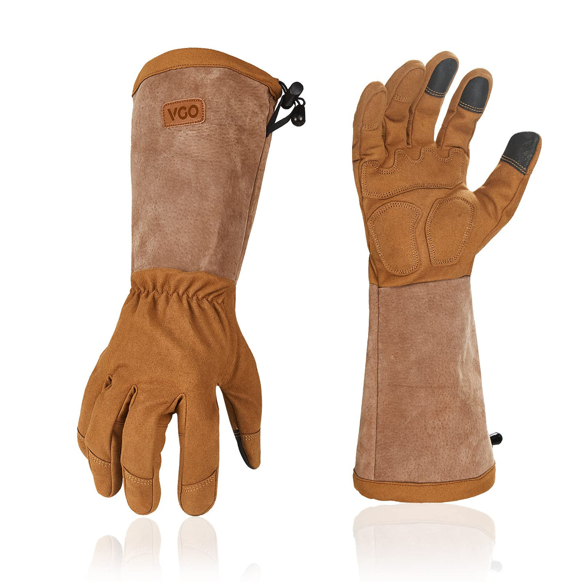 Vgo... Men's Extra-Long Leather Gardening Gloves, Gauntlet with Adjustable Cuff, Puncture & Thorn Proof, Touchscreen (CA9659)