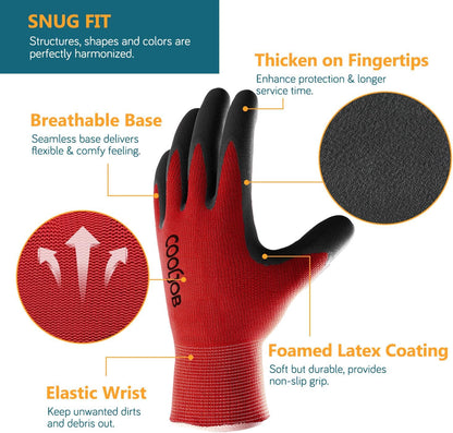 COOLJOB Gardening Gloves for Men, 2 Pairs Breathable Rubber Coated for Garden Weeding Landscaping, Outside Work for Lawn Yard, Men's Large Size, Black & Red