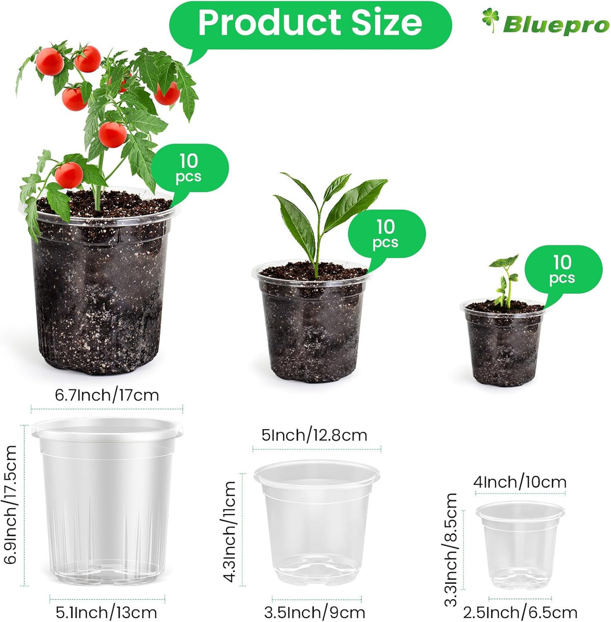 Bluepro Clear Nursery Pots with Drainage Holes, 3.5/4/5 Inch, 36-Pack