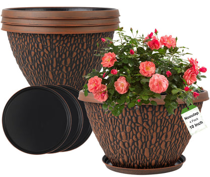 Nooulap 4 Pack 10 Inch Flower Pots, Plastic Outdoor Planters, Gray