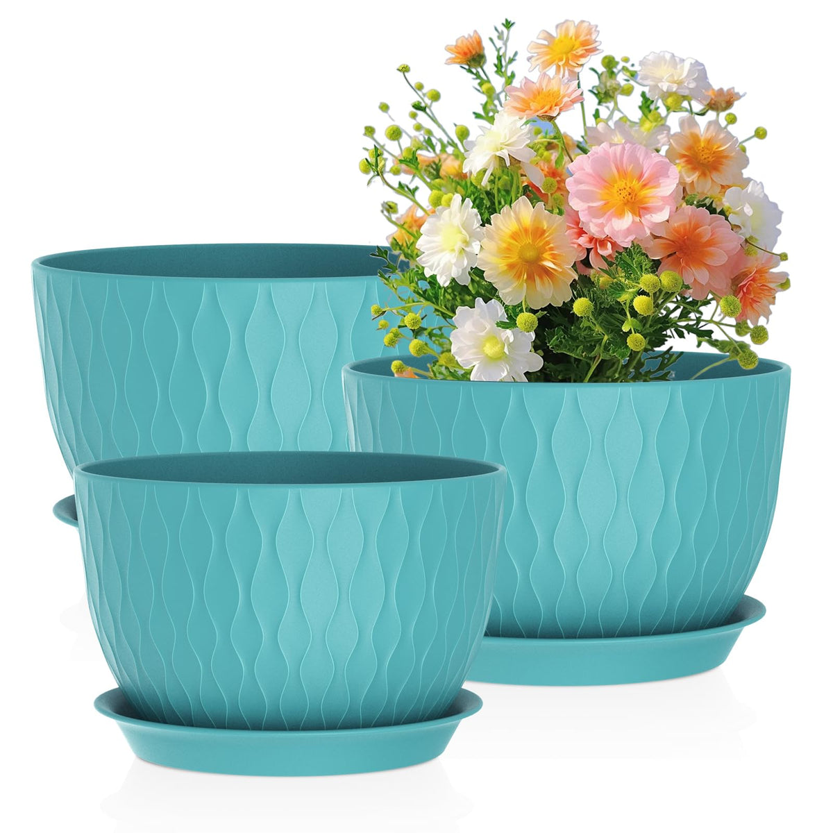 Meowell 12/10/9 inch Large Plant Pots, 3 Pack Wide Flower Pots for Outdoor Indoor Plants with Water Ripples, Big Plastic Planters with Drainage Holes and Saucers for Garden House Plants, White