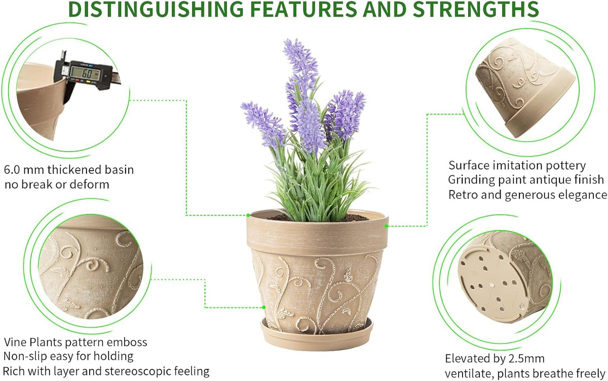 Melphoe Plant Pots Indoor with Drainage & Saucer, 2Pack 7 inch Flower Pots Outdoor Planters for Indoor Plants Garden Home Decor Cactus Succulent, Rigid Plastic (Imitation-Terracotta) Vine-Embossed