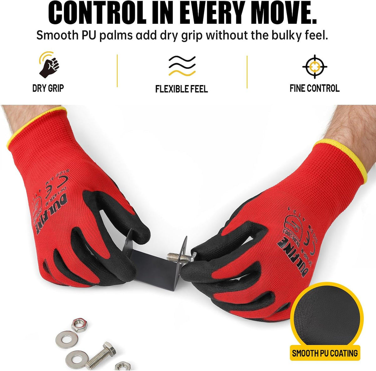 DULFINE Safety Work Gloves for Men & Women 12 Pairs, PU Coated Red L