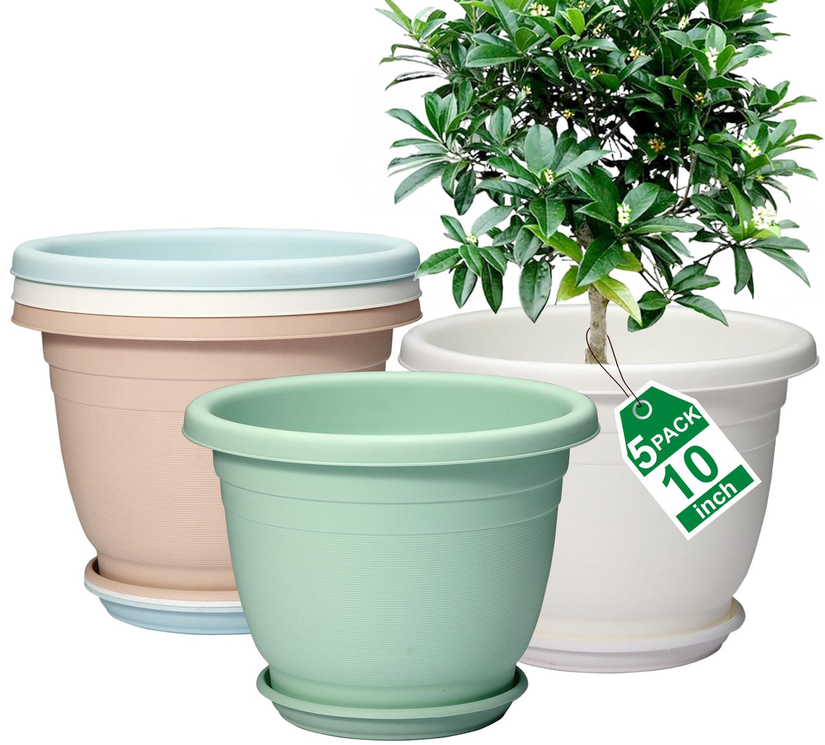 5 Packs 10 inch Flower Pots + Saucers, Large Indoor & Outdoor Pot