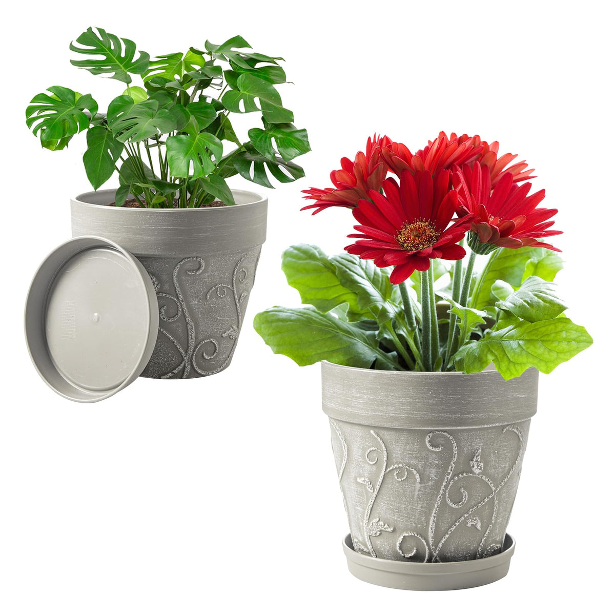 Melphoe Plant Pots Indoor with Drainage & Saucer, 2Pack 7 inch Flower Pots Outdoor Planters for Indoor Plants Garden Home Decor Cactus Succulent, Rigid Plastic (Imitation-Terracotta) Vine-Embossed