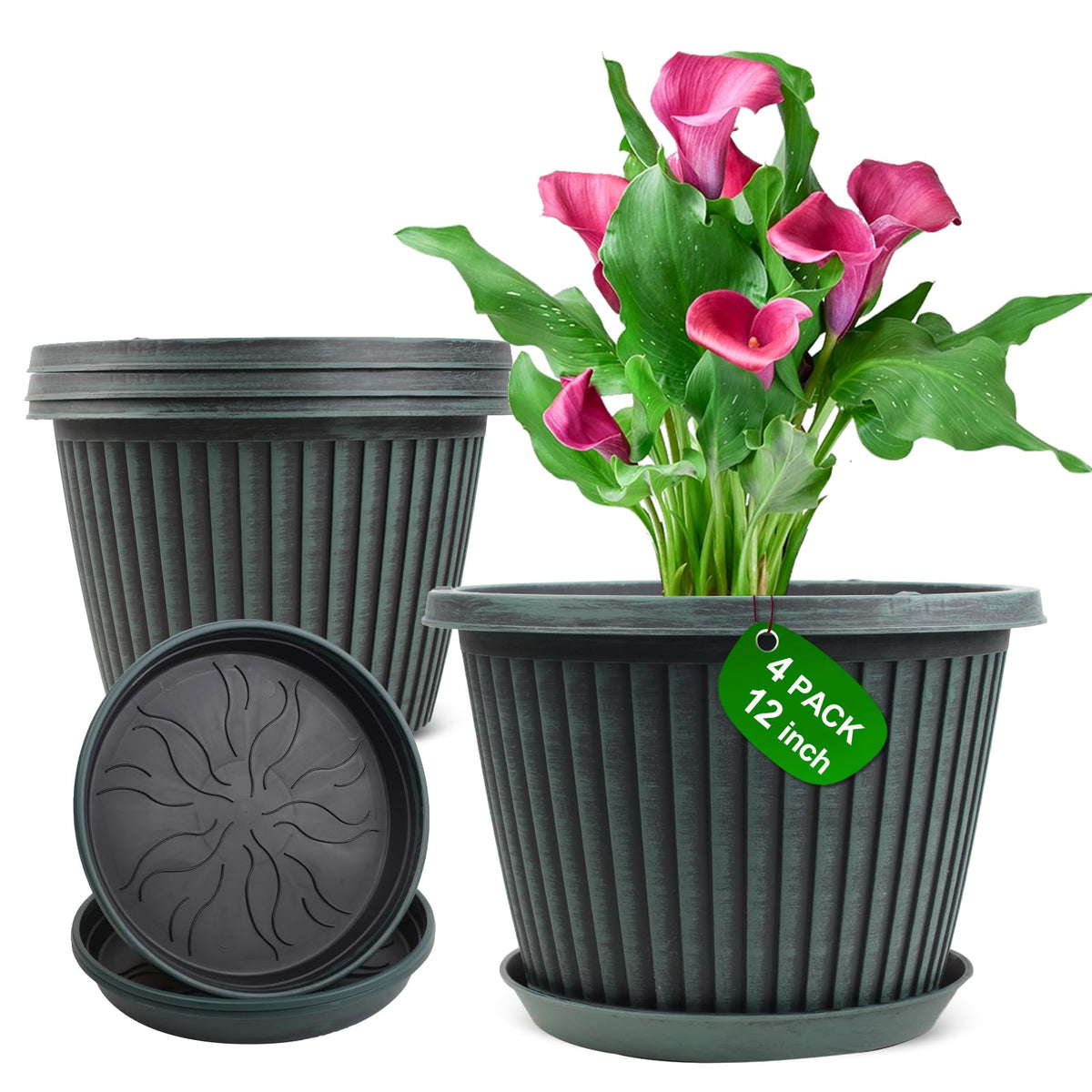 Myfeegoin Planter-Pots-for-Plants-Indoor-Outdoor, 4 Pack 10 Inch Plastic Flower Pots with Saucer & Drainage Holes, Modern Garden Planters for Planting Medium Large Plants，Decorative Resin Garden Pots