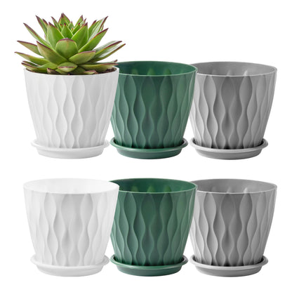 FaithLand 6-Pack 6-Inch Plastic Plant Pots with Saucers | Thickened PP Material, Modern Wave Texture, Enhanced Drainage for Indoor/Outdoor Garden Plants | Multicolor Value Set