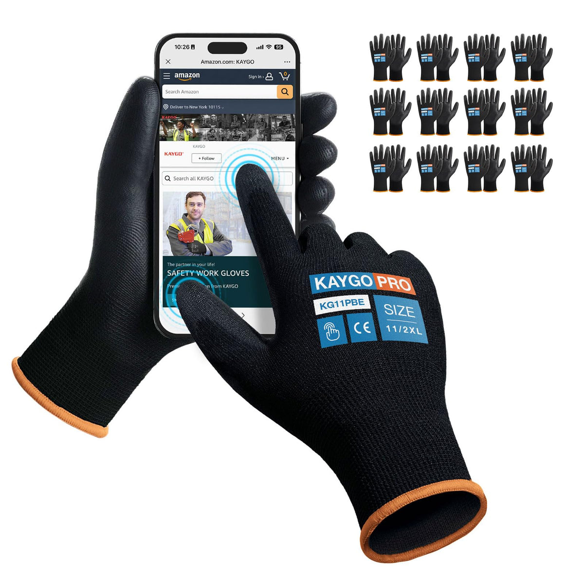 KAYGO Safety Work Gloves for Men Women, PU Coated Palm & Fingers, KG11P