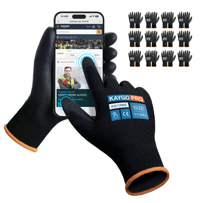 KAYGO Safety Work Gloves for Men Women, PU Coated Palm & Fingers, KG11P