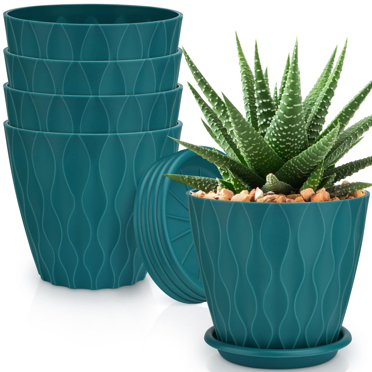 YNNICO 6 inch Plant Pots 5 Pack Plastic Planters with Drainage & Saucers