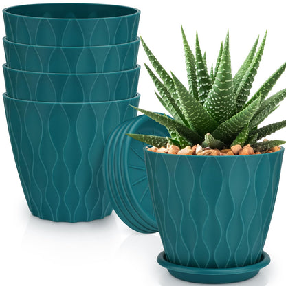YNNICO 6 inch Plant Pots 5 Pack Plastic Planters with Drainage & Saucers