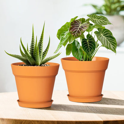 WSMKSZ 4 Inch Plastic Plant Pots with Drainage Holes and Trays – 8 Pack Small Nursery Pots for Indoor & Outdoor House Plants and Flowers, Seedling Starter Planters, Terracotta