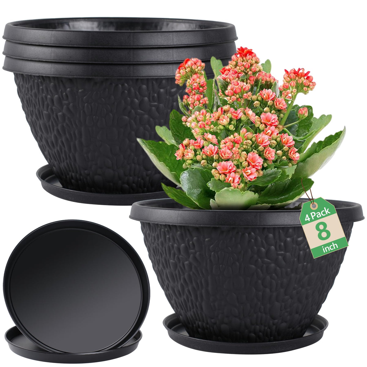 Nooulap 4 Pack 10 Inch Flower Pots, Plastic Outdoor Planters, Gray