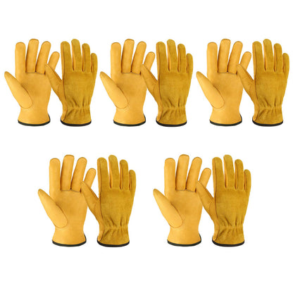 OZERO Leather Work Gloves Flex Grip Tough Cowhide Gardening Glove for Wood Cutting/Construction/Driving/Garden for Men and Women 1 Pair (Gold,Large)