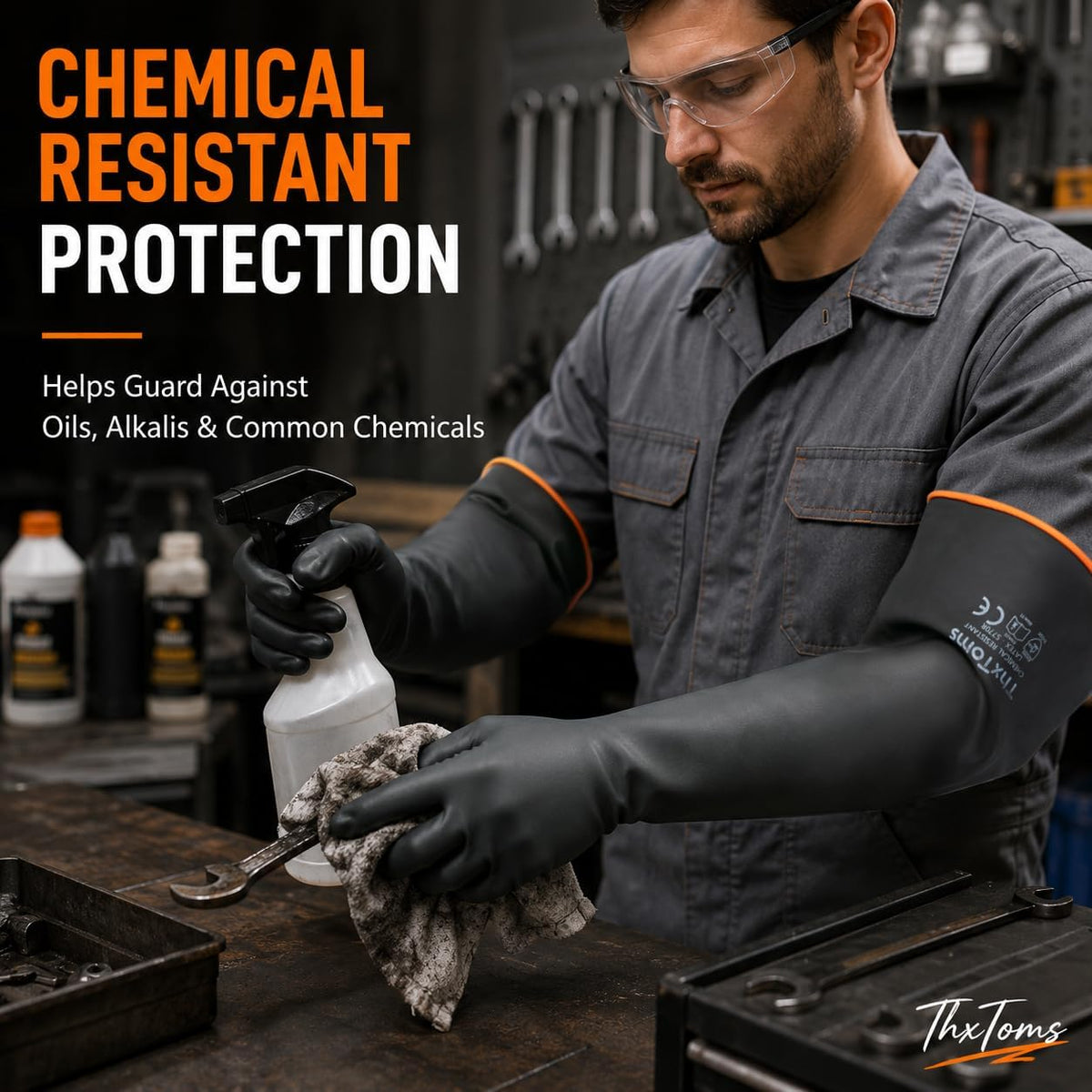 ThxToms Chemical Resistant Gloves, 28 Mil Heavy Duty Latex, 14 Inch, 1 Pair