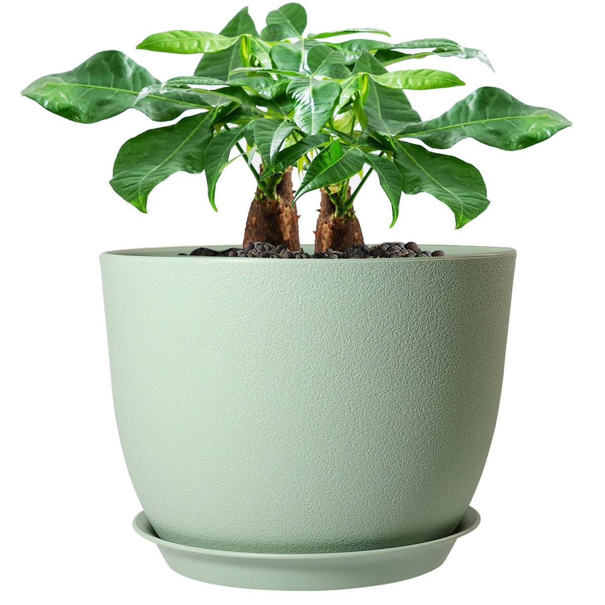 UOUZ 12inch Large Plant Pot, Modern Plastic Planter with High Driange Holes and Saucer for Indoor Outdoor Garden Plants and Flowers, Black