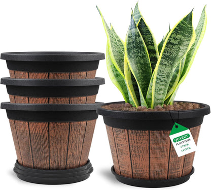 Quarut 4 Pack 10 inch Plant Pots,Whiskey Barrel Planters for Indoor Outdoor