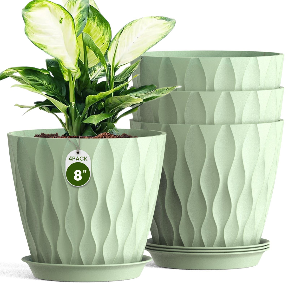 8 Inch Plant Pots 4 Pack Plastic Planters with Drainage & Saucers