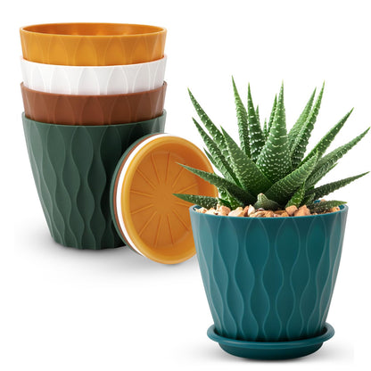 YNNICO 6 inch Plant Pots 5 Pack Plastic Planters with Drainage & Saucers