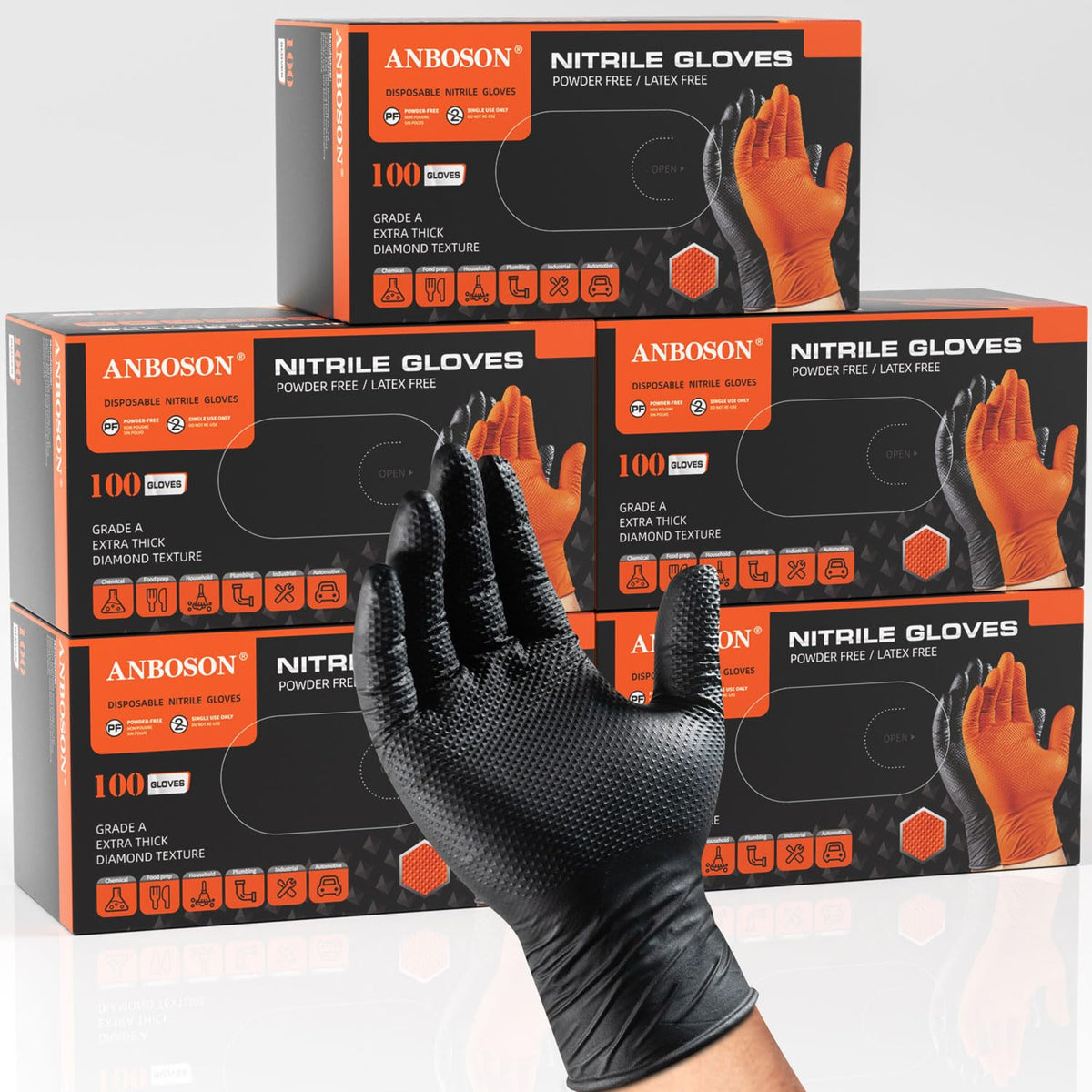 ANBOSON 10 Mil Heavy Duty Mechanic Nitrile Gloves, Large Black 100 Count