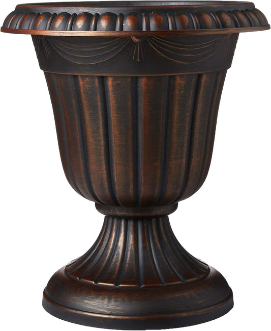 Arcadia Garden Products Small 10x12” Classic Traditional Plastic Urn Planter, Indoor/Outdoor Garden Plant Pot Garden Décor, Brushed Copper