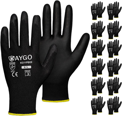 KAYGO Safety Work Gloves for Men Women, PU Coated Palm & Fingers, KG11P
