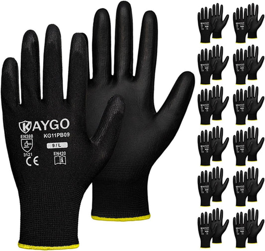 KAYGO Safety Work Gloves for Men Women, PU Coated Palm & Fingers, KG11P