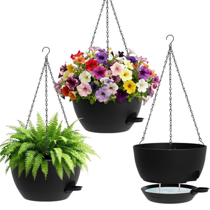 UOUZ Set of 3-10 Inch Self Watering Hanging Planters for Indoor Outdoor，Hanging Plant Pots with Drainage & Removable Tray, Hanging Pots Holder for Ivy, Pothos, Ferns, Balcony & Patio, Black with Brown