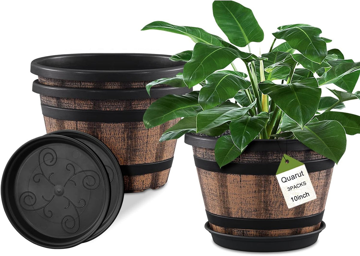 Quarut 3 Pack 10 inch Plant Pots,Whiskey Barrel Planters with Drainage Holes & Saucer, Plastic Decoration Flower Pots Imitation Wine Barrel Design, for Indoor & Outdoor Garden Home Plants (Brown)