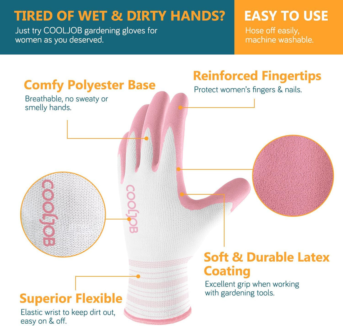 COOLJOB 2 Pairs Gardening Gloves for Women, Breathable Rubber Coated, M
