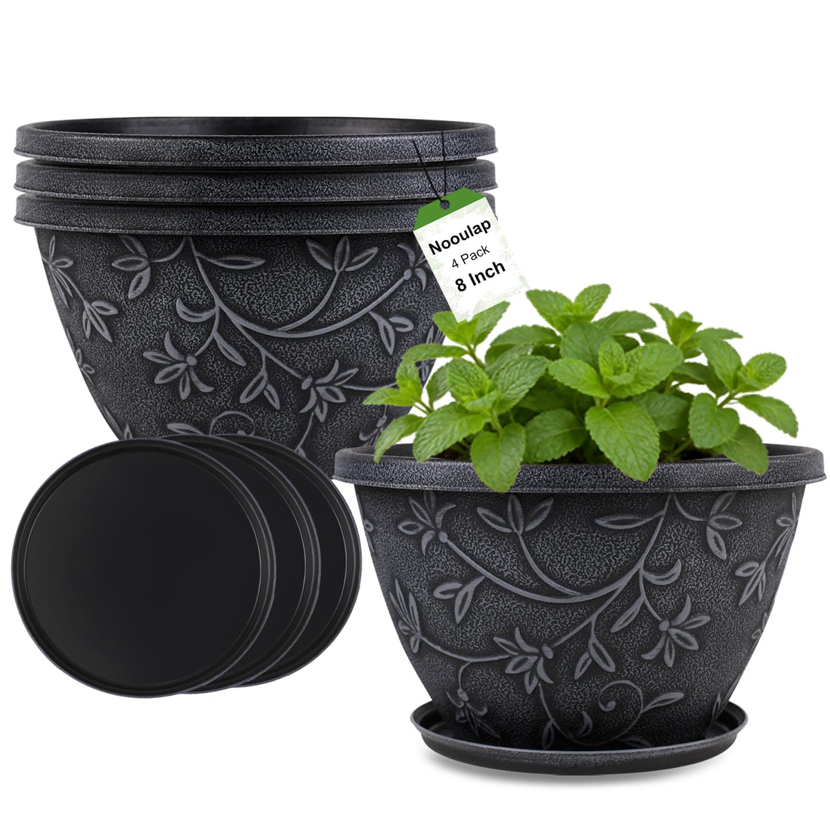 Nooulap 4 Pack 10 Inch Flower Pots, Plastic Outdoor Planters, Gray